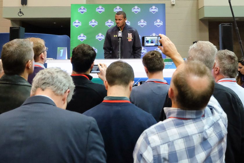 Clemson quarterback Deshaun Watson gives an interview to members of the press during the NFL Scouting Combine on March 3, 2017.