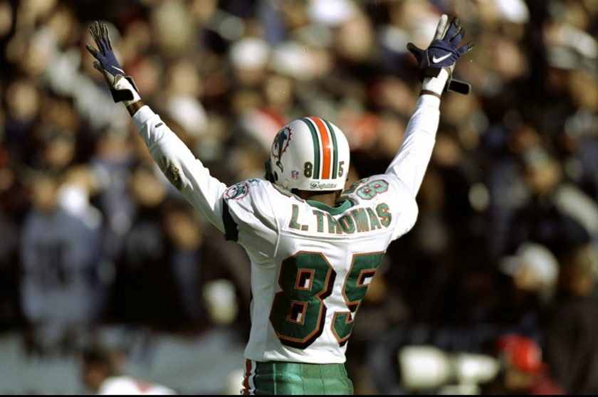 Lamar Thomas celebrates during a Dolphins game in 1998.