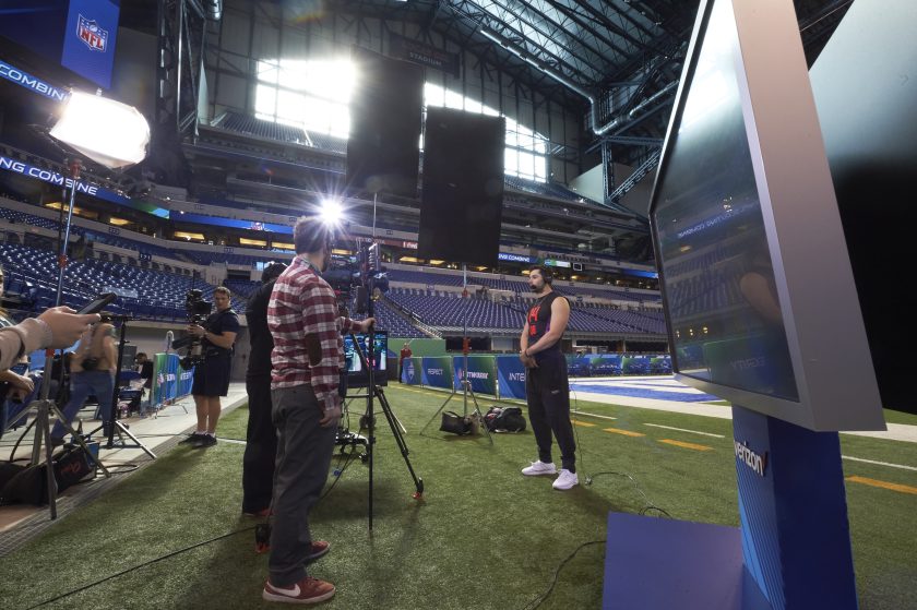 Baker mayfield interviews at the 2018 NFL Combine.