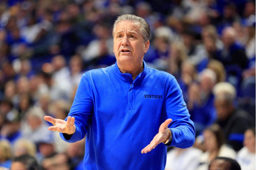  Head coach John Calipari of the Kentucky Wildcats reacts after a play in the game against the South Carolina Gamecocks at Rupp Arena