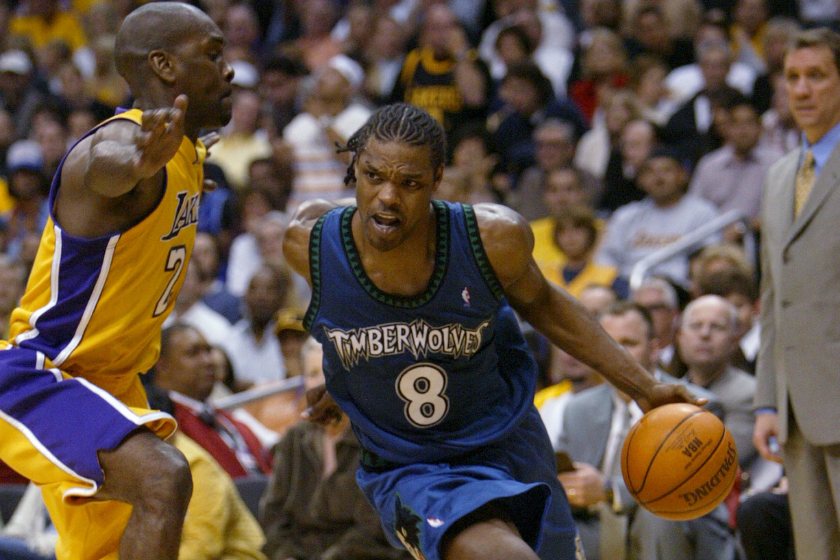 Latrell Sprewell drives against the Los Angeles Lakers in the 2004 Western Conference Finals.