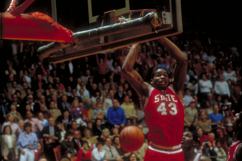 North Carolina State's Lorenzo Charles (43) jams the ball in the hoop during the NCAA Photos via Getty Images National Basketball Championship held at University Arena in Albuquerque