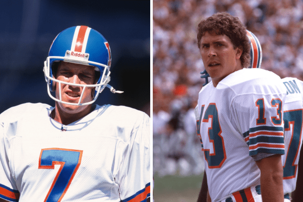 John Elway and Dan Marino during their playing days.