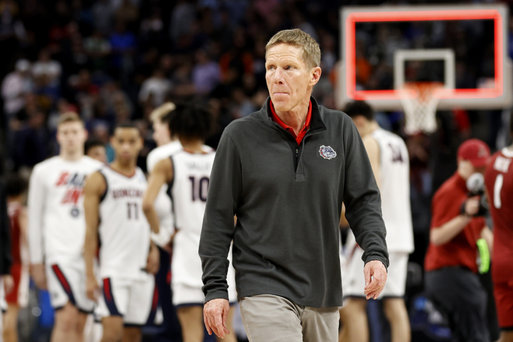 Head coach Mark Few of the Gonzaga Bulldogs walks off of the court after being defeated by the Arkansas Razorbacks with a final score of 68-74 in the Sweet Sixteen round game of the 2022 NCAA Men's Basketball Tournament
