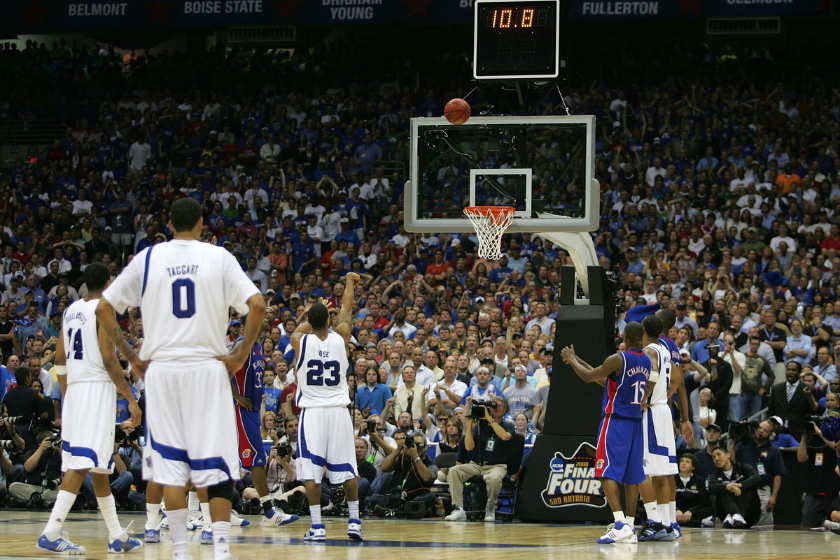 Derrick Rose #23 of the Memphis Tigers shoots a free throw with 10.8 second remaining in regulation against the Kansas Jayhawks during the 2008 NCAA Men's National Championship game 