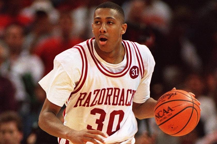 Scotty Thurman brings up the ball for Arkansas