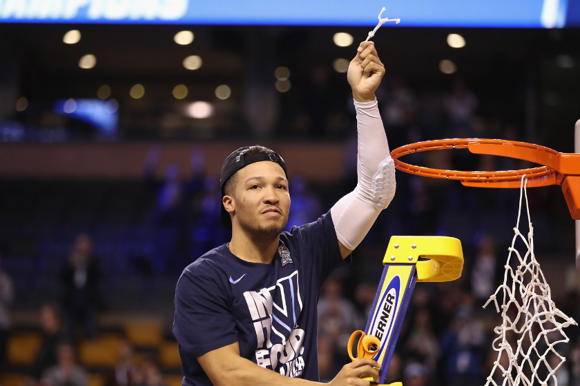 Jalen Brunson cuts down the nets after advancing to the Final Four with Villanova.