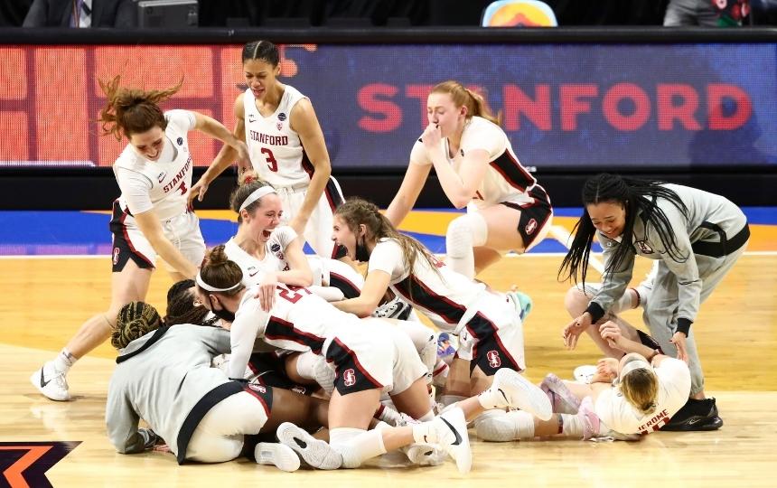 Stanford Women's Basketball Team celebrates their 2021 National Championship