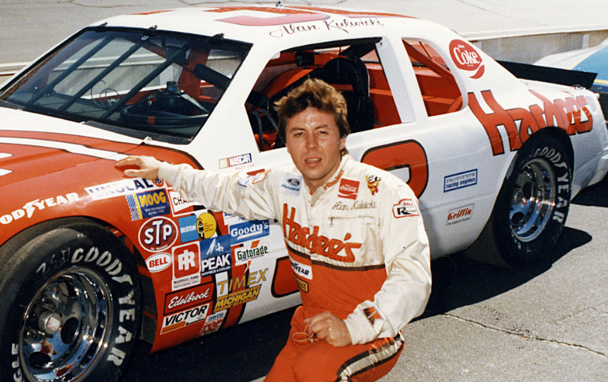 Alan Kulwicki prepares for his second career NASCAR Cup start, the Delaware 500 at Dover Downs International Speedway. Kulwicki drove this Hardee's-sponsored Ford Thunderbird for car owner Bill Terry