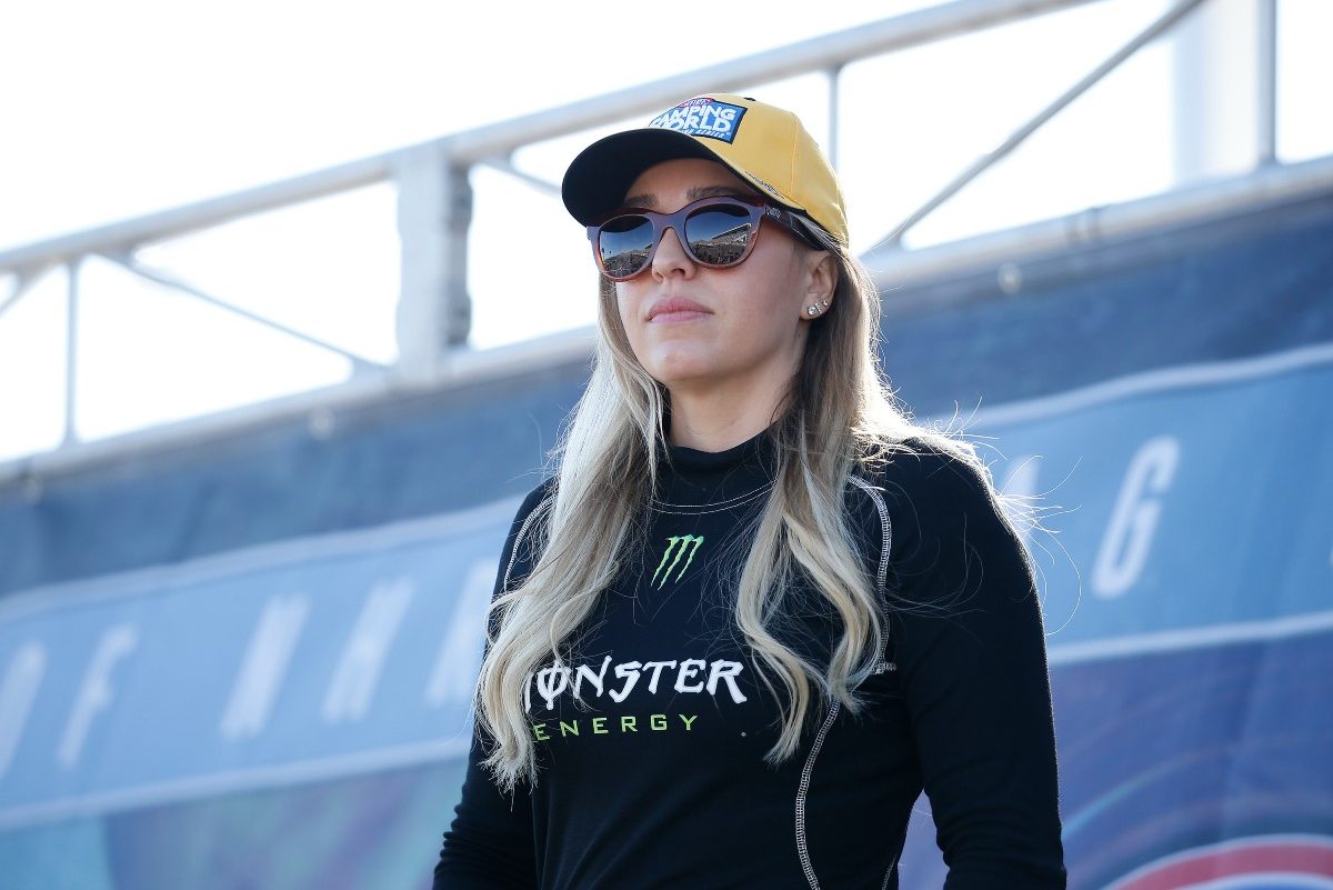 Brittany Force looks on during the Dodge//SRT NHRA Nationals presented by Pennzoil Sunday, Oct. 31, 2021, at The Strip at Las Vegas Motor Speedway in Las Vegas, Nevada