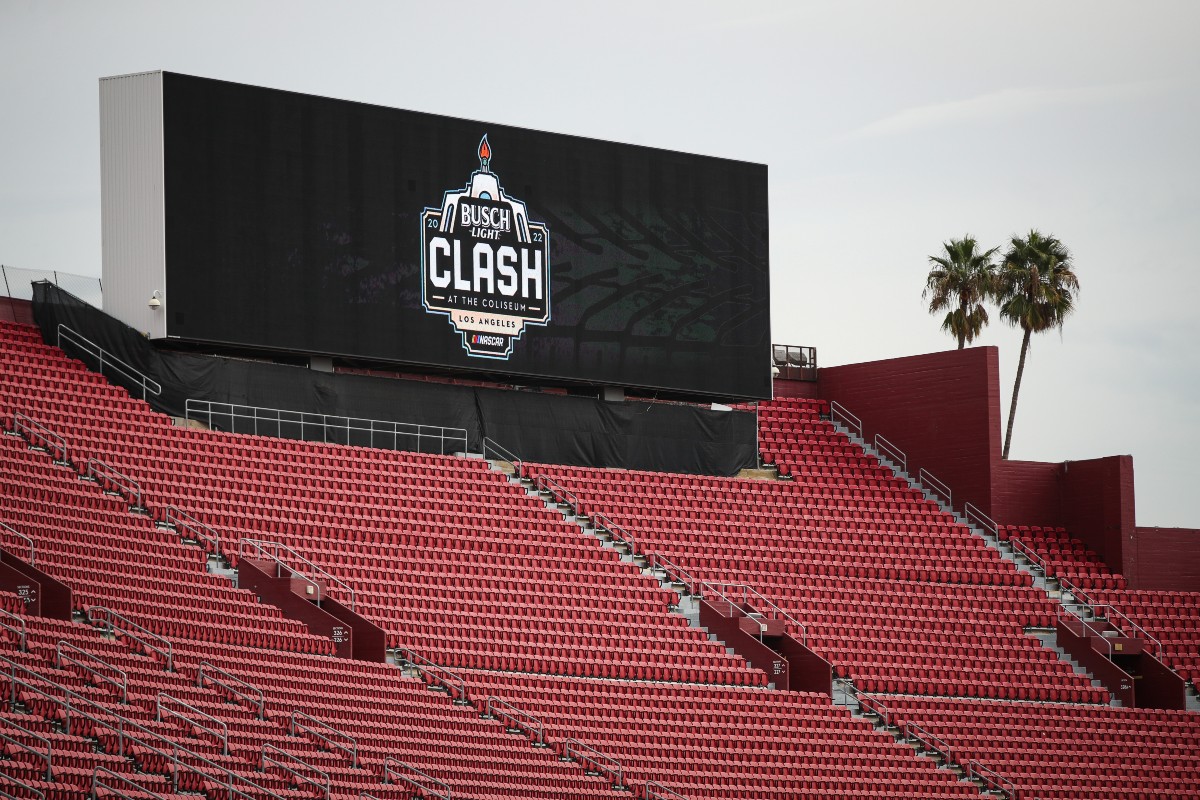 Construction takes place in preparation for the NASCAR's Busch Light Clash at the Coliseum at Los Angeles Coliseum on December 21, 2021 in Los Angeles, California