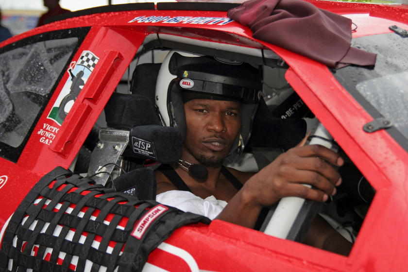 Actor Jamie Foxx takes a ride in the Richard Petty Driving experience prior to the start of the Pepsi 400 at the Daytona International Speedway on July 2, 2005 in Daytona Beach, Florida
