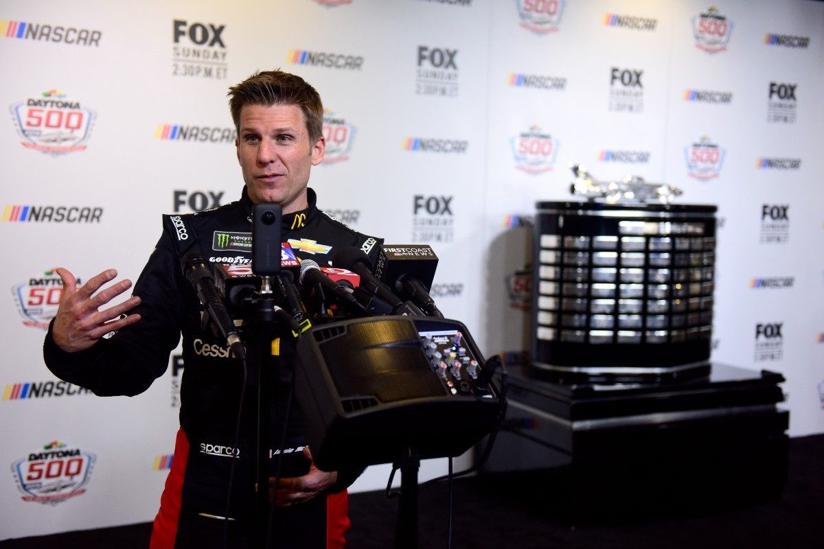 NASCAR driver Jamie McMurray speaks with the media during the Monster Energy NASCAR Cup Series 61st Annual Daytona 500 Media Day at Daytona International Speedway on February 13, 2019 in Daytona Beach, Florida