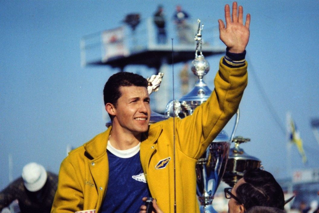 Richard Petty waves to the crowd after leading a 1-2-3 sweep by Plymouths in the Daytona 500, thrilling a sold out crowd of almost 70,000 on February 23, 1964 in Daytona Beach, Florida