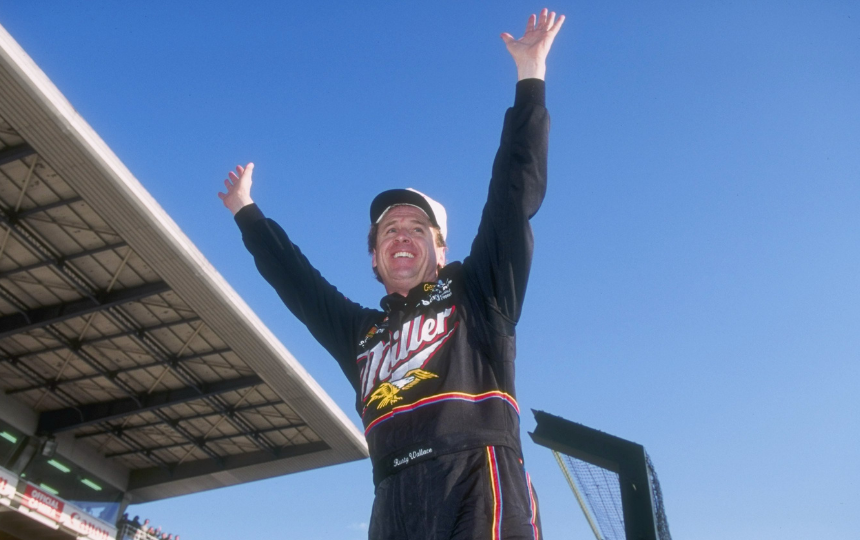 Rusty Wallace celebrates after winning the Thunder Special 100 at the Suzuka Circuit in Suzuka City, Japan