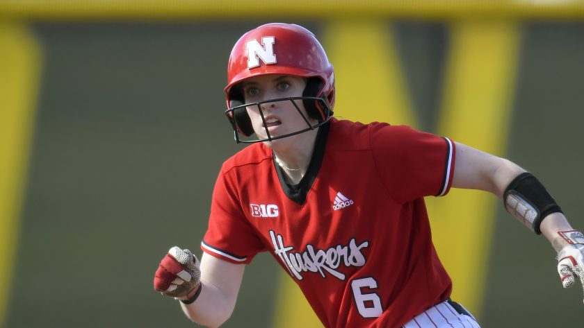 Billie Andrews takes a lead off a base during a 2022 Nebraska game.