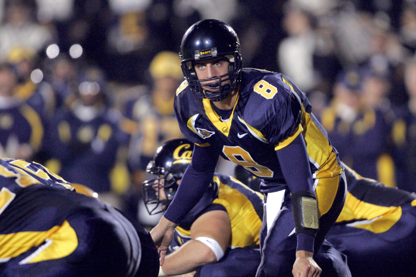 Aaron Rodgers check the play with his wideouts during a Cal Berkeley game against Arizona State.