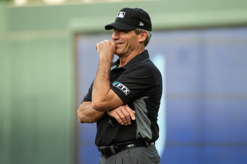 MLB Umpire Angel Hernandez (5) looks on during the MLB game between the Cleveland Guardians and Minnesota Twins