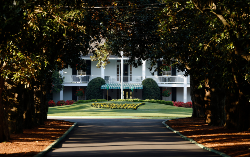 A look down Magnolia Lane towards the clubhouse at Augusta National Golf Club.