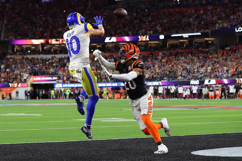 Cooper Kupp of the Los Angeles Rams makes a touchdown catch in Super Bowl LVI.