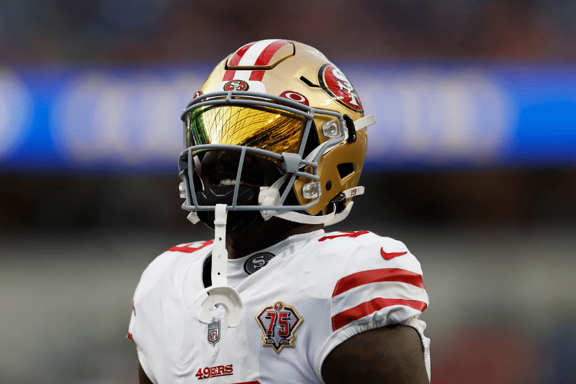 Deebo Samuel looks up during warmups f the NFC Championship game.