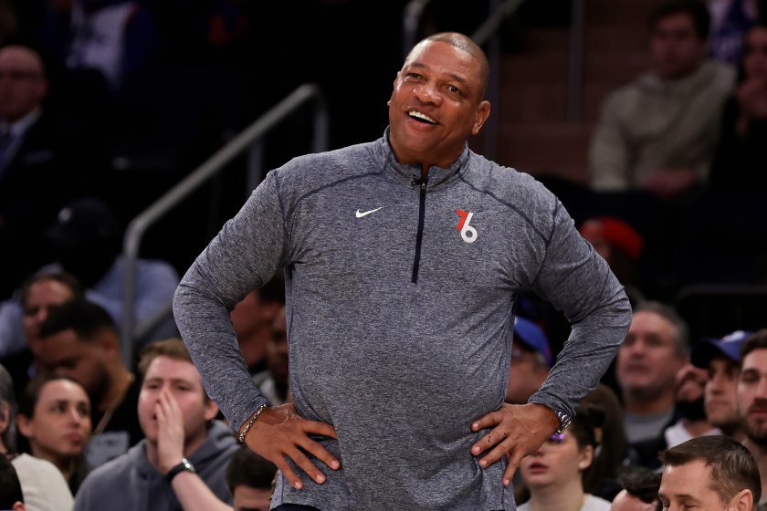 Doc Rivers questions a call by the refs during a Philadelphia 76ers game.