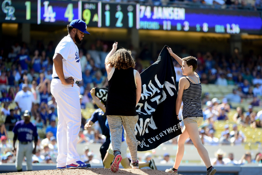 Zoe Rosenberg and friends protest hot dogs at a Los Angeles Dodgers game in 2016.