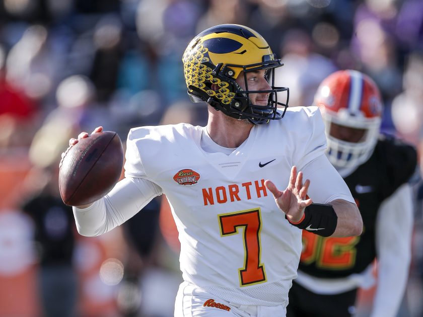 Shea Patterson passes during the 2020 Reese's Senior Bowl.