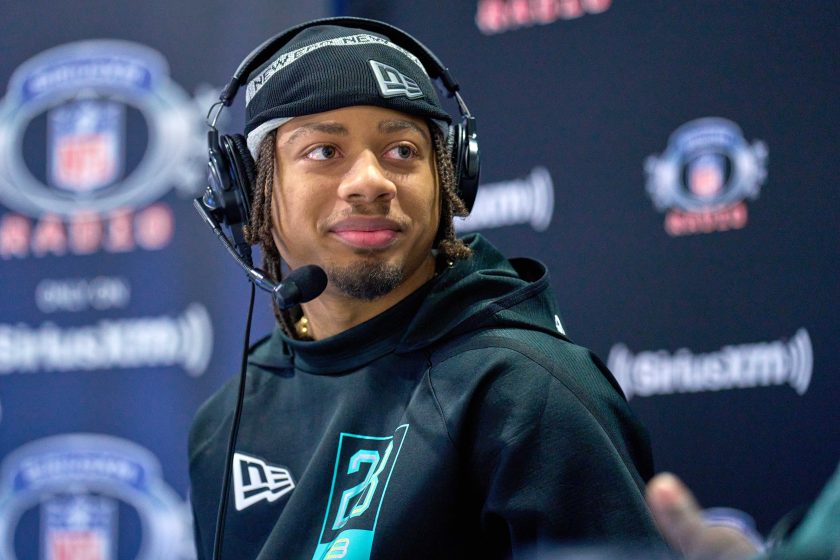 Derek Stingley Jr. answers questions from the media during the NFL Scouting Combine on March 5, 2022.
