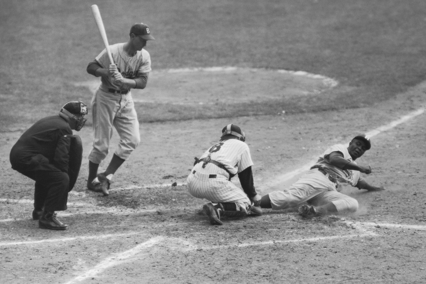 Jackie Robinson steals home in Game 1 of the 1955 World Series