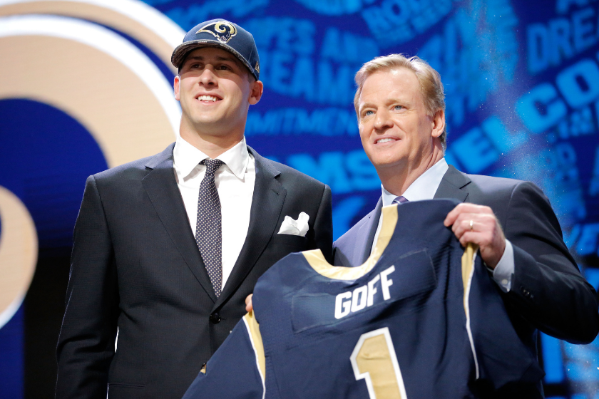 Jared Goff of the Los Angeles Rams at the 2016 NFL Draft with Roger Goodell.