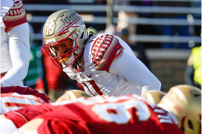 Florida State defensive end Jermaine Johnson lines up against Boston College.
