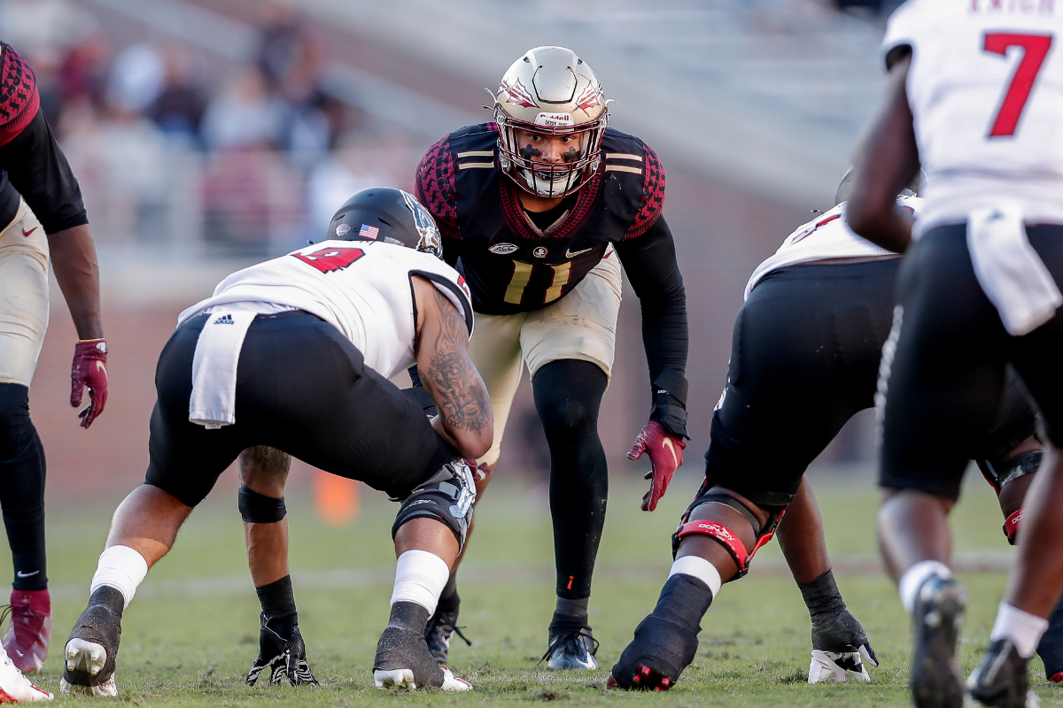 Las Vegas, USA. 28th Apr, 2022. Defensive end Jermaine Johnson II stands on  stage before the NFL Draft in Las Vegas, Nevada on Thursday, April 28, 2022.  Photo by James Atoa/UPI Credit: