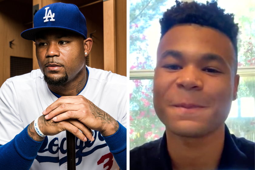 Carl Crawford on the Los Angeles Dodgers, Justin Crawford being interviewed by MLB Network