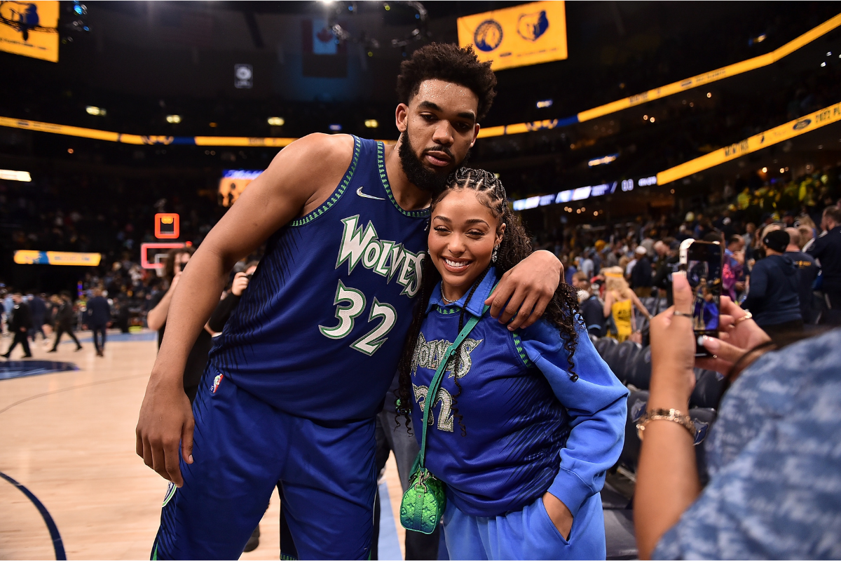 Minnesota Timberwolves star Karl-Anthony Towns and his girlfriend Jordyn Woods after Game 1 of the NBA Playoffs against the Memphis Grizzlies.