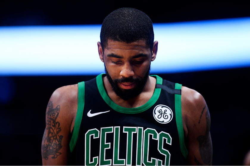 Kyrie Irving prepares to resume action after a break in a Boston Celtics game.