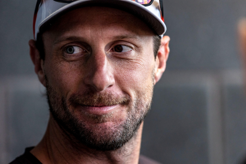 This photo of New York Mets starting pitcher Max Scherzer highlights his blue and brown eyes during the team's spring training camp