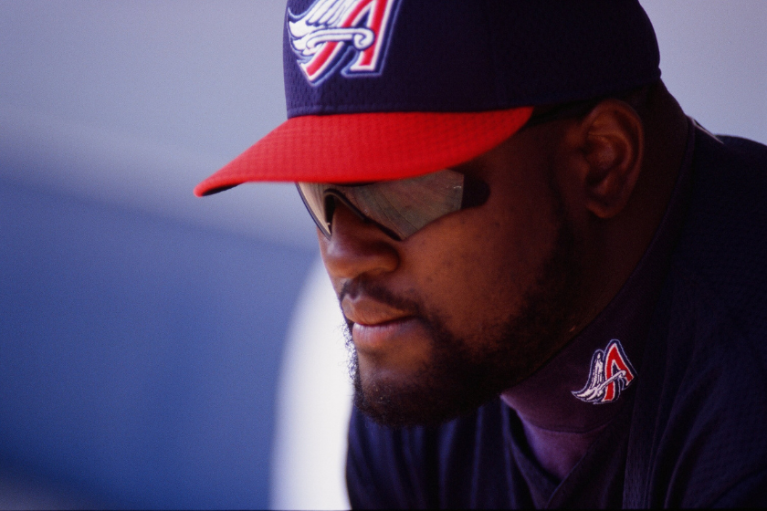Mo Vaughn of the Los Angeles Angels of Anaheim looks on against the Chicago White Sox at U.S. Cellular Field