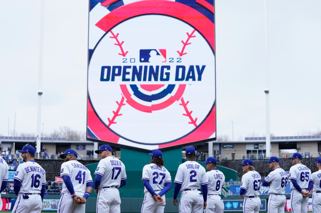 Members of the Kansas City Royals stand for the Opening Day ceremonies in 2022.
