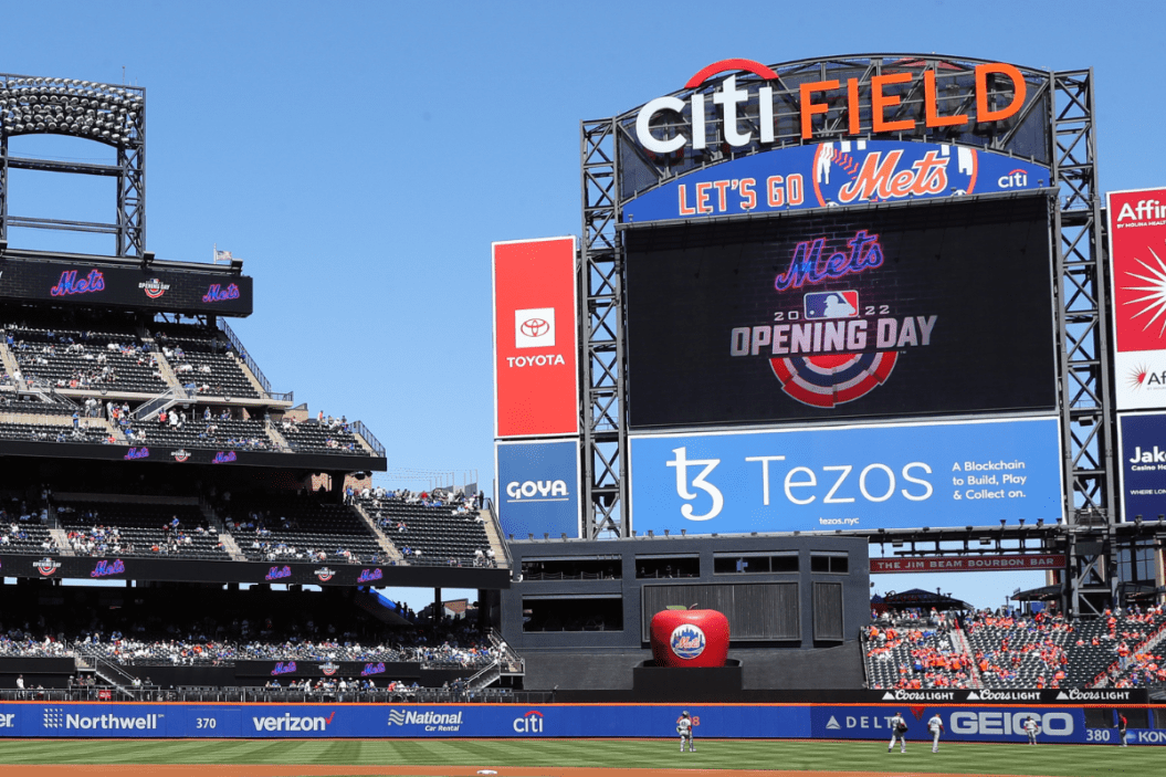 General view of the LED scoreboard featuring the 2022 Mets Opening Day logo prior to the game between the Arizona Diamondbacks and the New York Mets at Citi Field