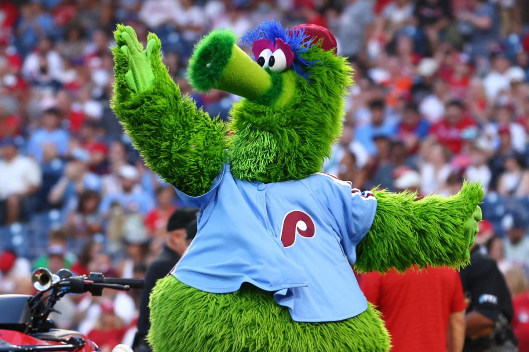 The Phillie Phanatic performs before a game between the Washington Nationals and Philadelphia Phillies at Citizens Bank Park