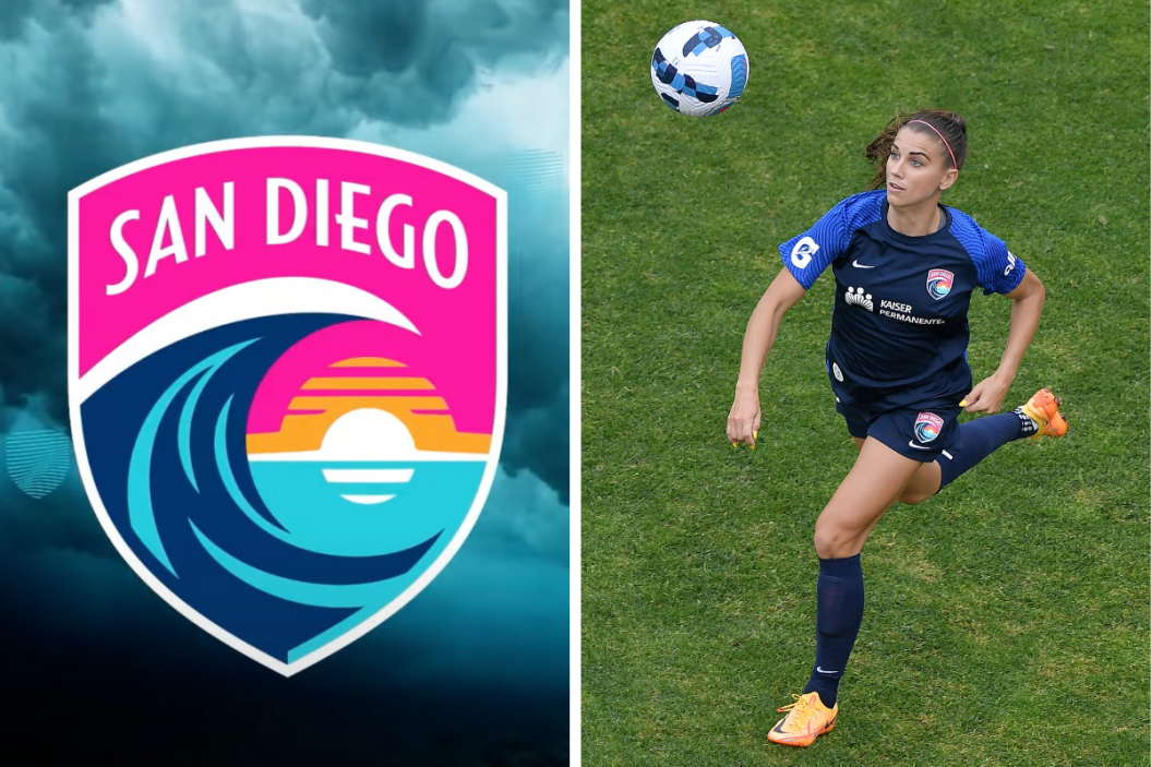 San Diego Wave FC Logo and Alex Morgan tracking a ball.