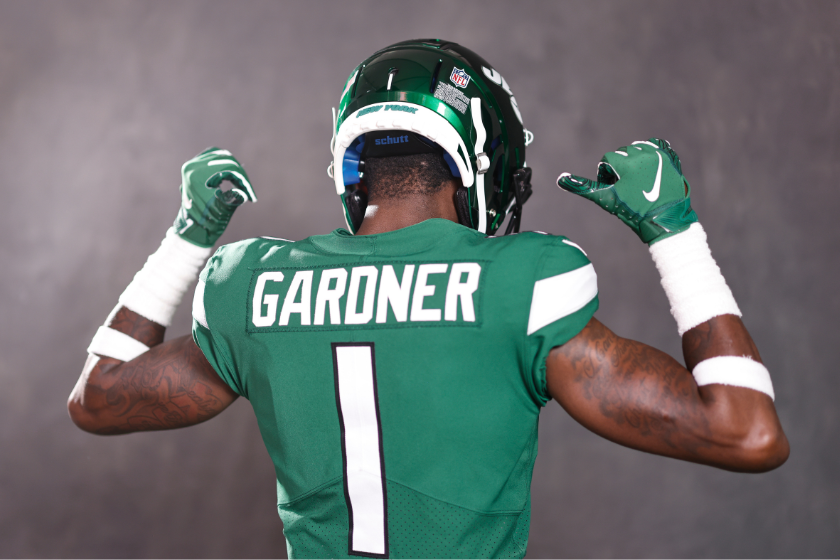 Sauce Gardner #1 of the New York Jets poses for a portrait during the NFLPA Rookie Premiere
