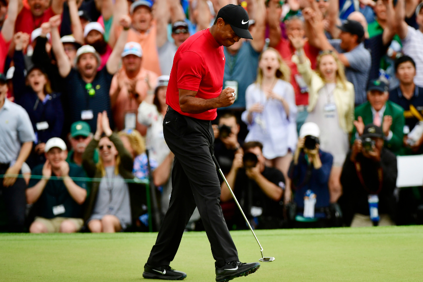 Tiger Woods fist pumps after winning the 2019 Masters