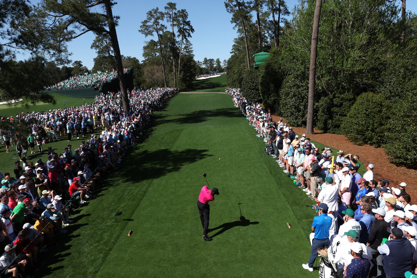 Tiger Woods tees off during the first round of the 2022 Masters