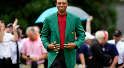 Tiger Woods shows off his Green JAcket after winning the 2019 Green Jacket