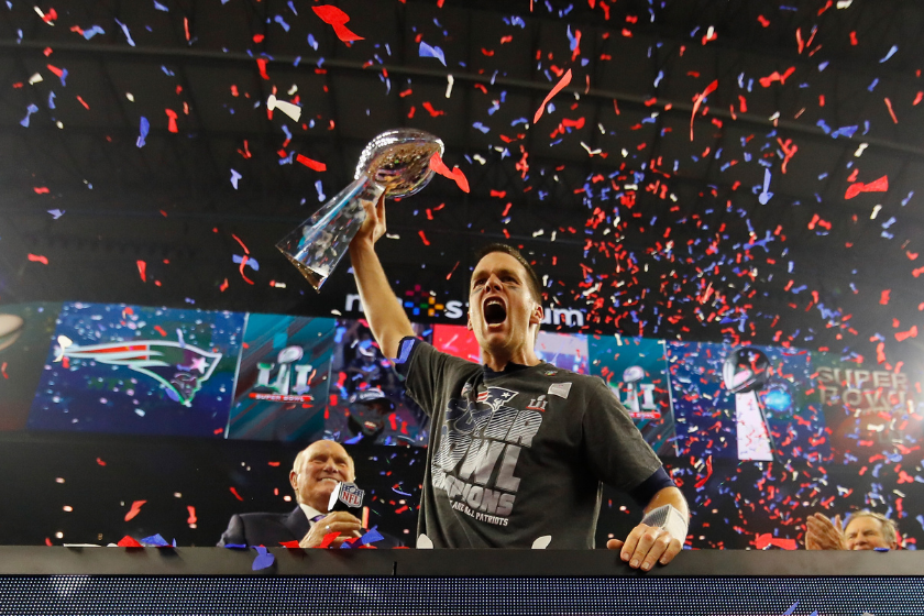 Tom Brady of the New England Patriots celebrates winning Super Bowl 51.