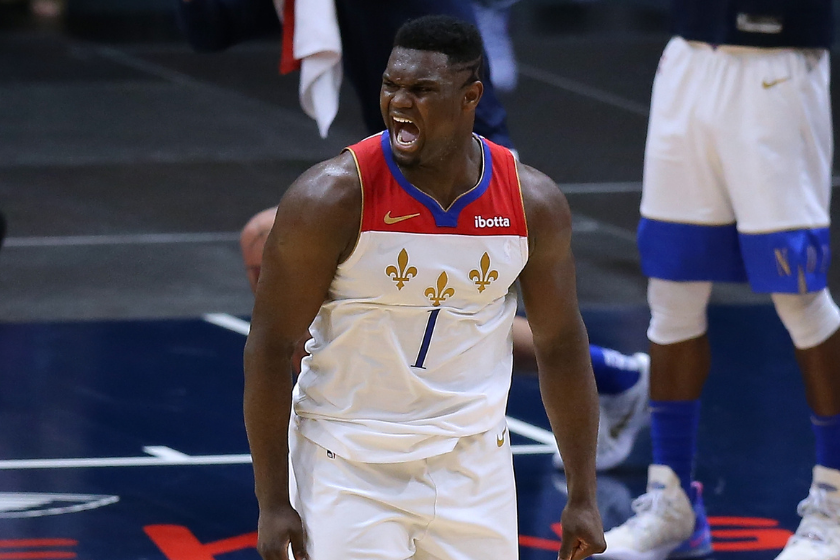Zion Williamson reacts to a play during a Pelicans game