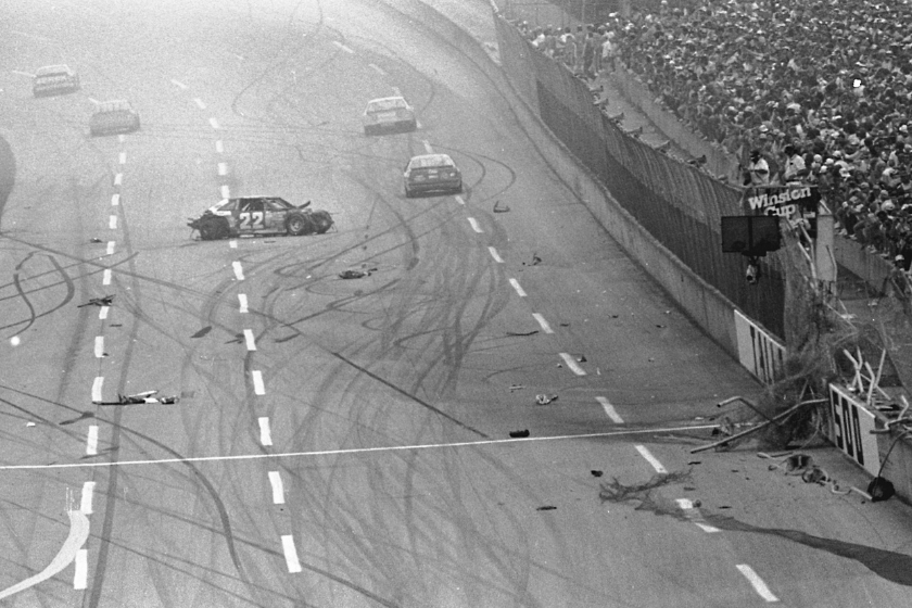 Bobby Allison's car No. 22 comes to rest after a huge crash during the Winston 500 NASCAR Cup race at Talladega Superspeedway in 1987 Superspeedway
