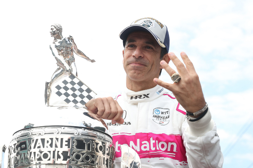 Helio Castroneves during a portrait session at the finish line a day after winning the Indianapolis 500 at Indianapolis Motor Speedway on May 31, 2021 in Indianapolis, Indiana